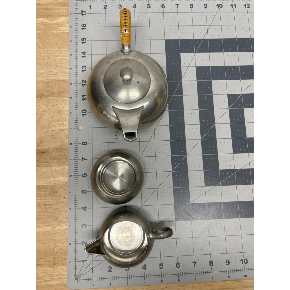 Vtg Royal Holland Pewter Tea Set Silver MCM Wicker Handle Teapot Creamer Sugar‎